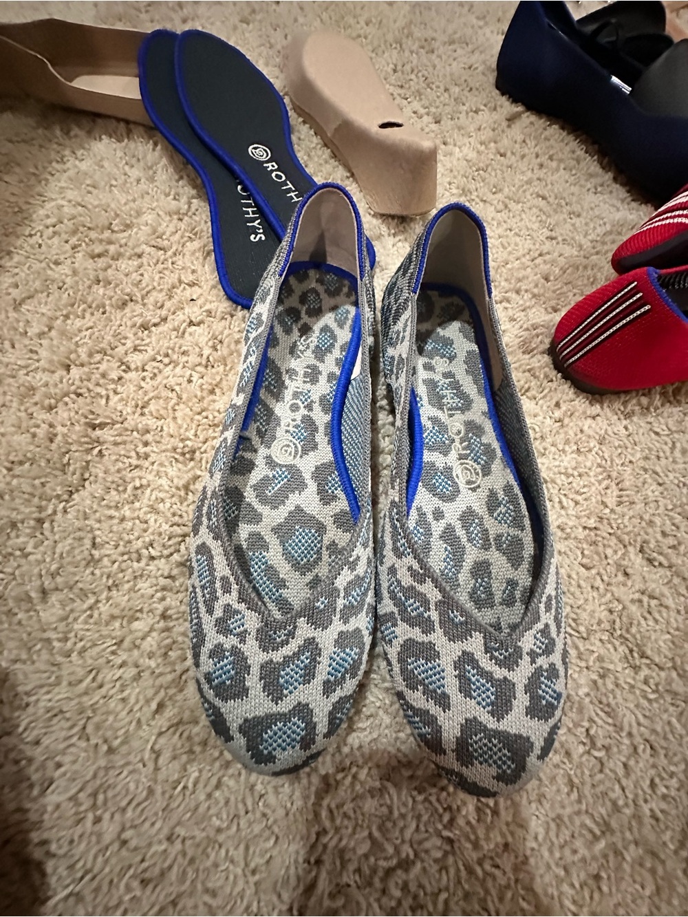 Rothy's Gray and Blue Leopard-Print Pointed Knit Flats